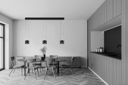 Interior of modern living room with white and wooden walls, wooden floor, round dining table, beige sofa and cupboard. 3d rendering